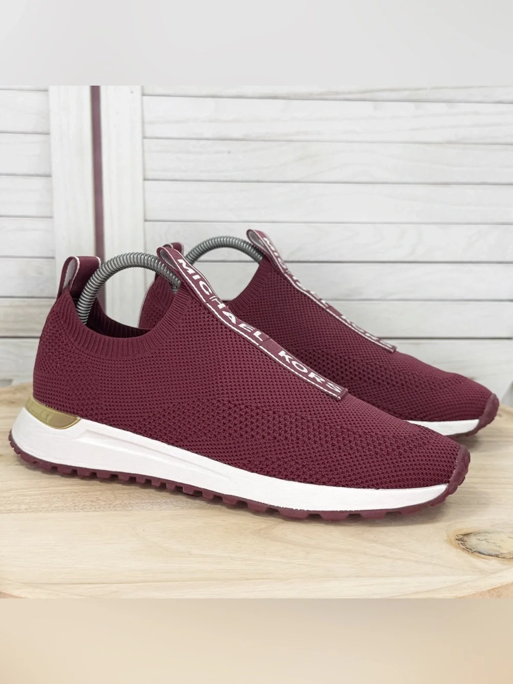 Michael Kors Bodie Logo Tape Knit Slip On Sneakers Burgundy Red 8